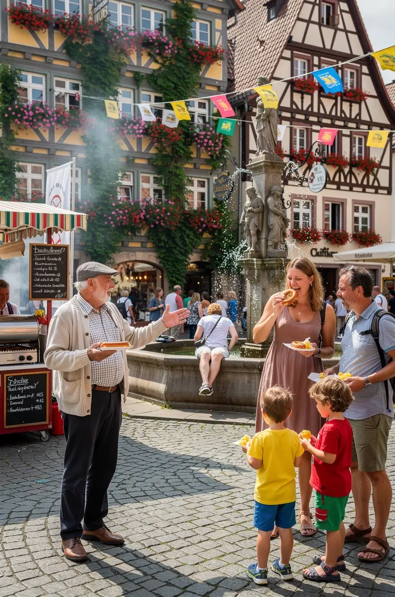 Wanderer erkunden einen thematischen Rundweg durch ein historisches Dorf mit Informationstafeln zur regionalen Geschichte.